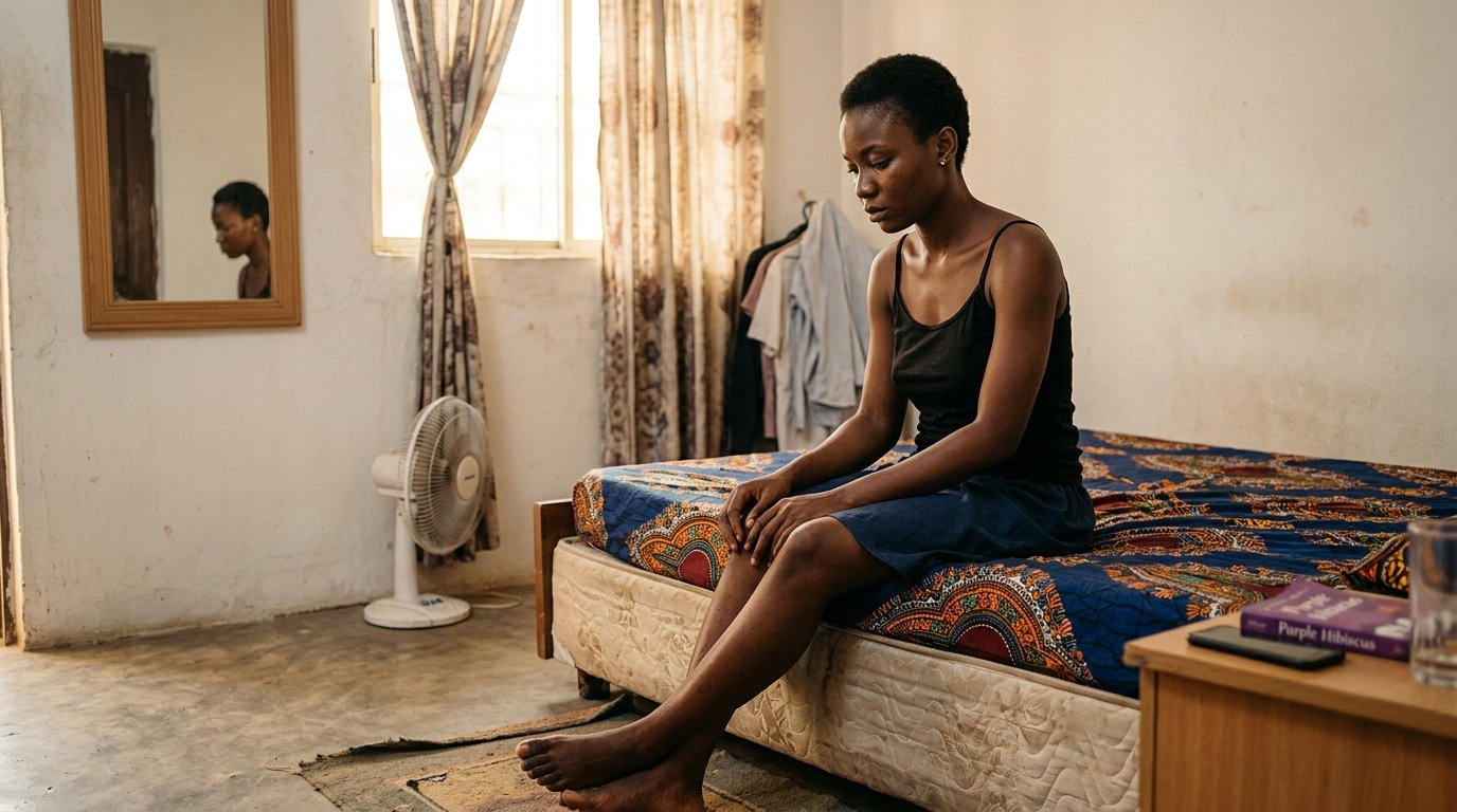 African woman reflecting on her body